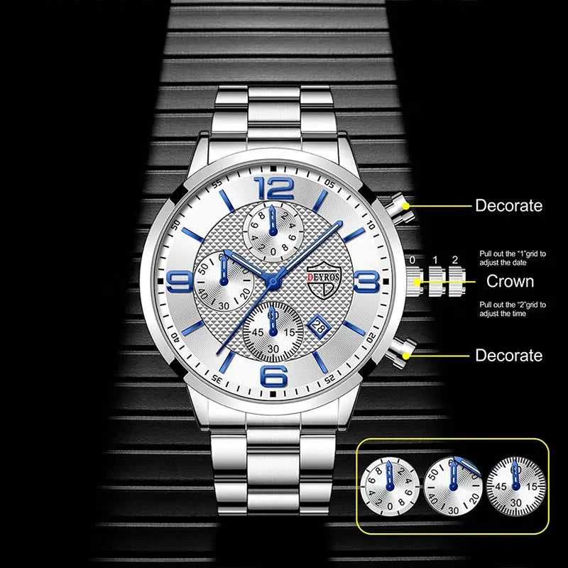 LuxAurum Mens Luxury Business Watch Stainless Steel Quartz With Calendar And Luminous Hands