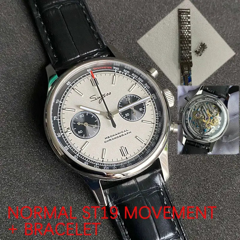 Pilot mechanical chronograph watch, 40mm, panda subdials, white dial, stainless steel case, black leather strap