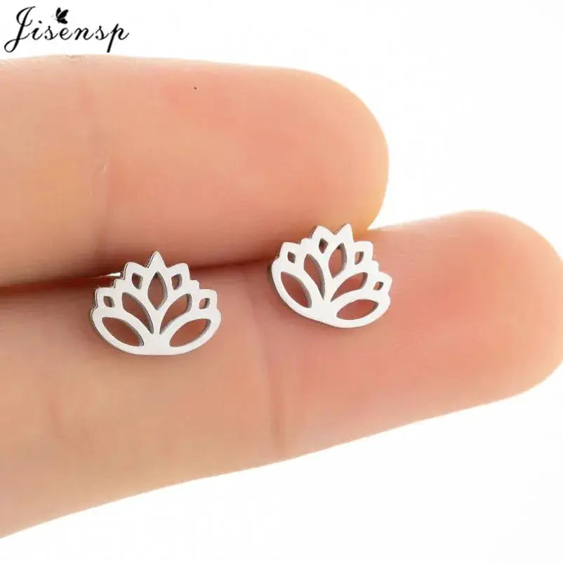 Stainless steel stud earrings, pair in silver-tone lotus-leaf floral design
