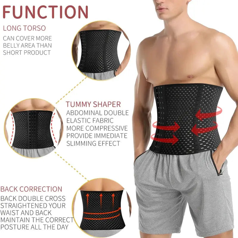 Men's black waist trainer shaper corset, high-compression abdomen belt