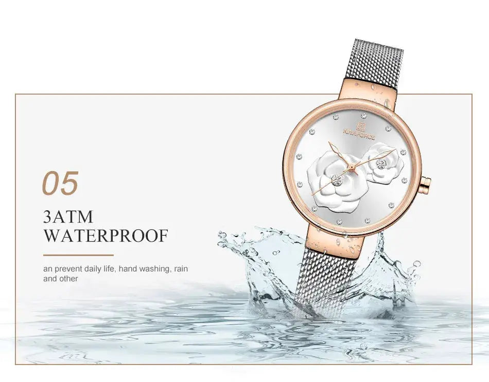 NAVIFORCE women's watch with rose-gold stainless steel mesh band, white floral dial and 3ATM waterproof