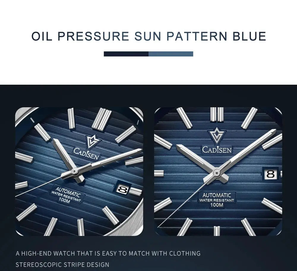 Cadisen diver watch with blue sun-pattern dial, automatic MIYOTA 8215, 100m water resistant, luminous hands