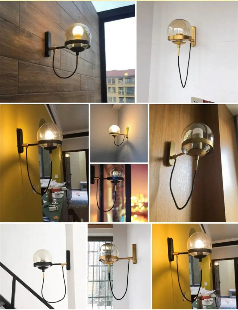 Simples Market modern glass ball wall lamp with brass mount and black cord, E27