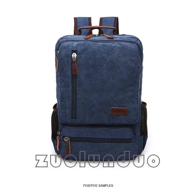 Blue canvas backpack with brown zipper pulls and straps, large capacity travel bag