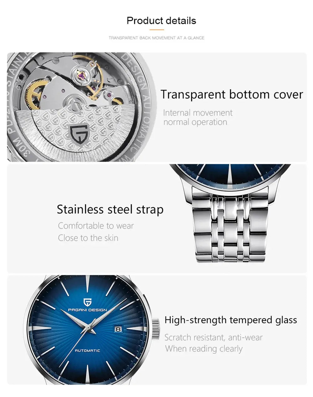 Pagani Design men's automatic wristwatch with blue dial and stainless steel strap