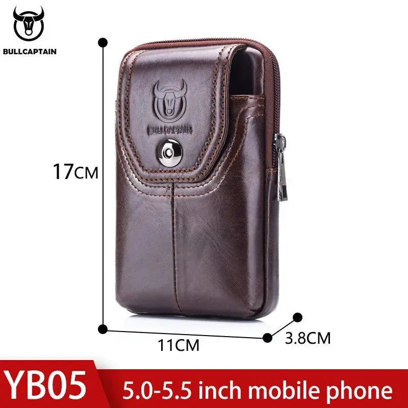 BullCaptain men's brown leather belt waist bag with front flap, snap closure and side zip pocket (17x11x3.8 cm)