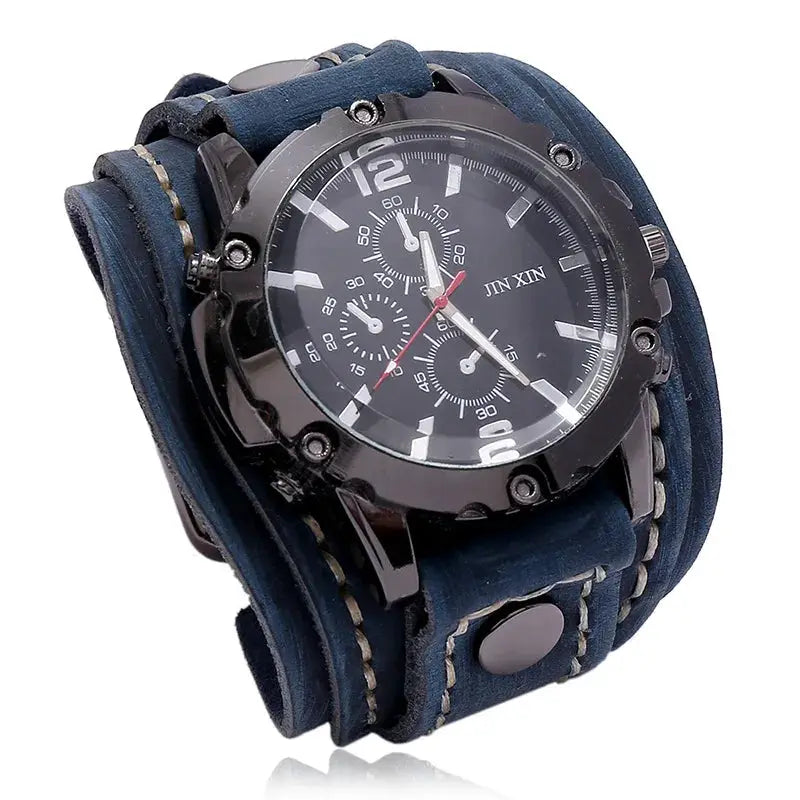 Rogue Punk Style Mens Quartz Watch With Wide Genuine Cowhide Leather Strap And Luminous Dial