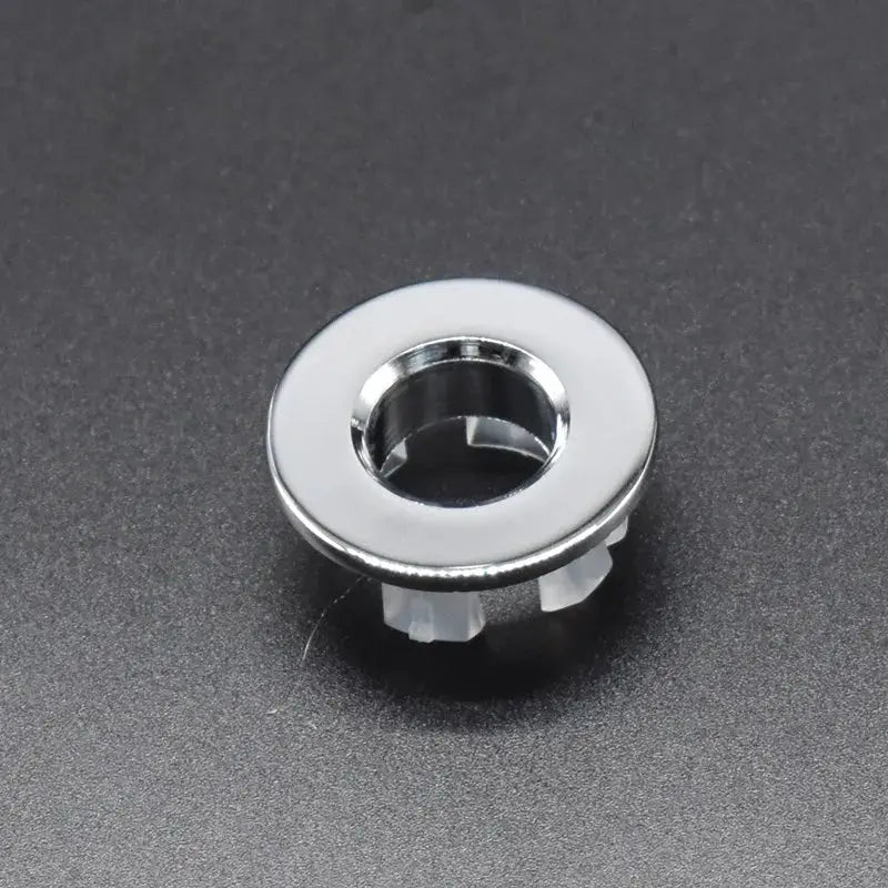 Overflow hole decorative cover insert, circular chrome metal ring with plastic mounting clips