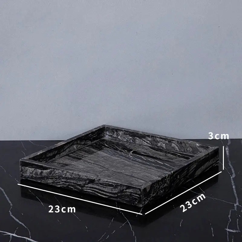 Simples Market black marble bathroom square tray with wood-grain pattern, 23x23 cm, 3 cm high.