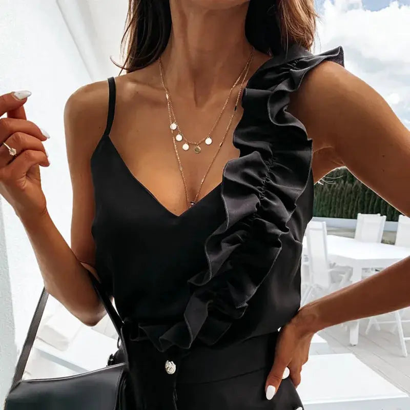 Simples Market women's black V-neck sleeveless blouse with spaghetti straps and one-shoulder ruffle detail
