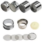 Simples Market faucet aerator set with 4 chrome heads for 20/22/24/28mm and mesh diffuser discs.