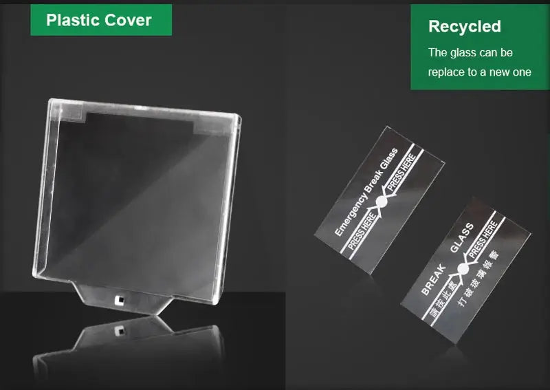 Simples Market fire emergency glass release switch with a clear plastic cover.