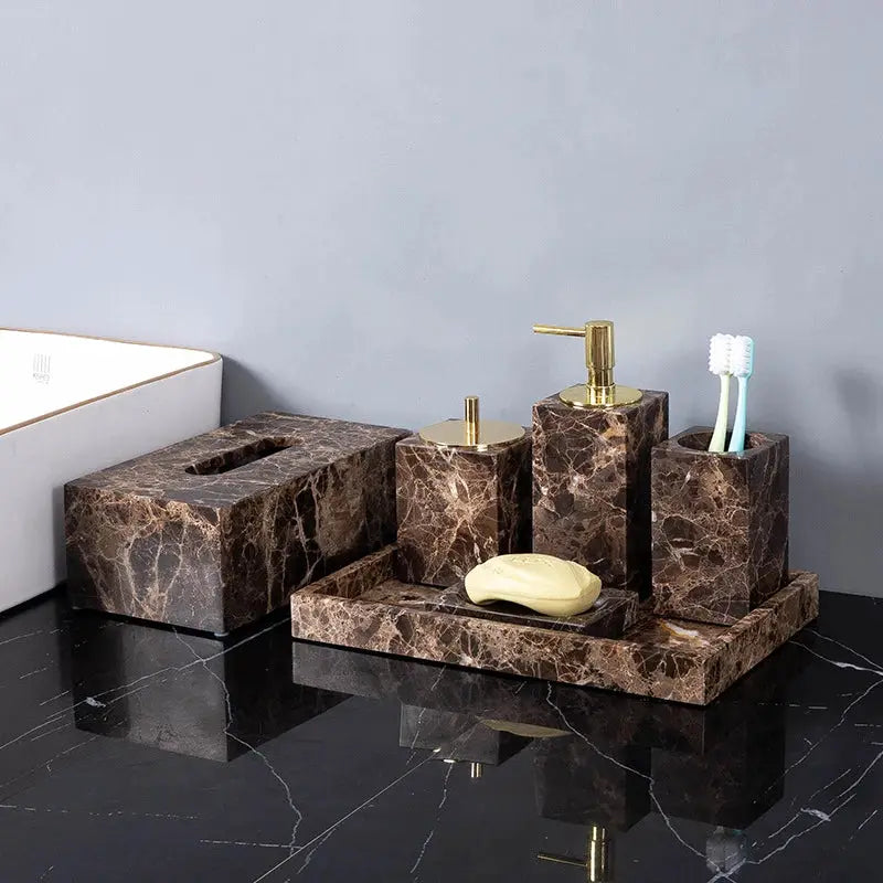 Emperador Dark brown marble 4-piece bathroom set with tissue box, soap dispenser, toothbrush holder, and soap dish on tray