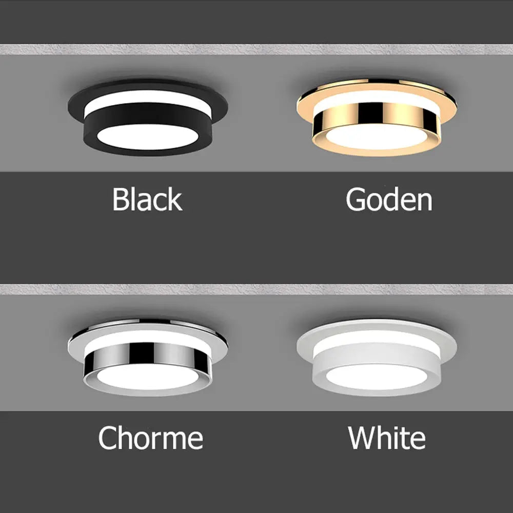 Chrome round recessed LED downlight; also shown in black, gold, and white finishes.