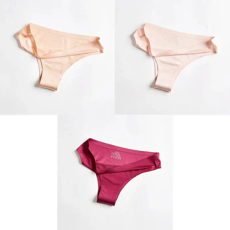 Women's ice silk seamless thong underwear, Simples Market 3-pack in nude and burgundy