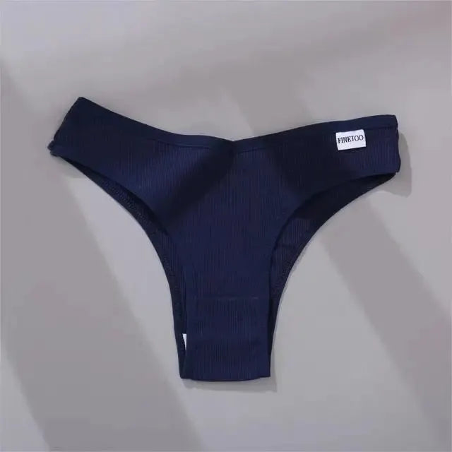 FINETOO cotton Brazilian panties in navy blue, V-waist T-back underwear