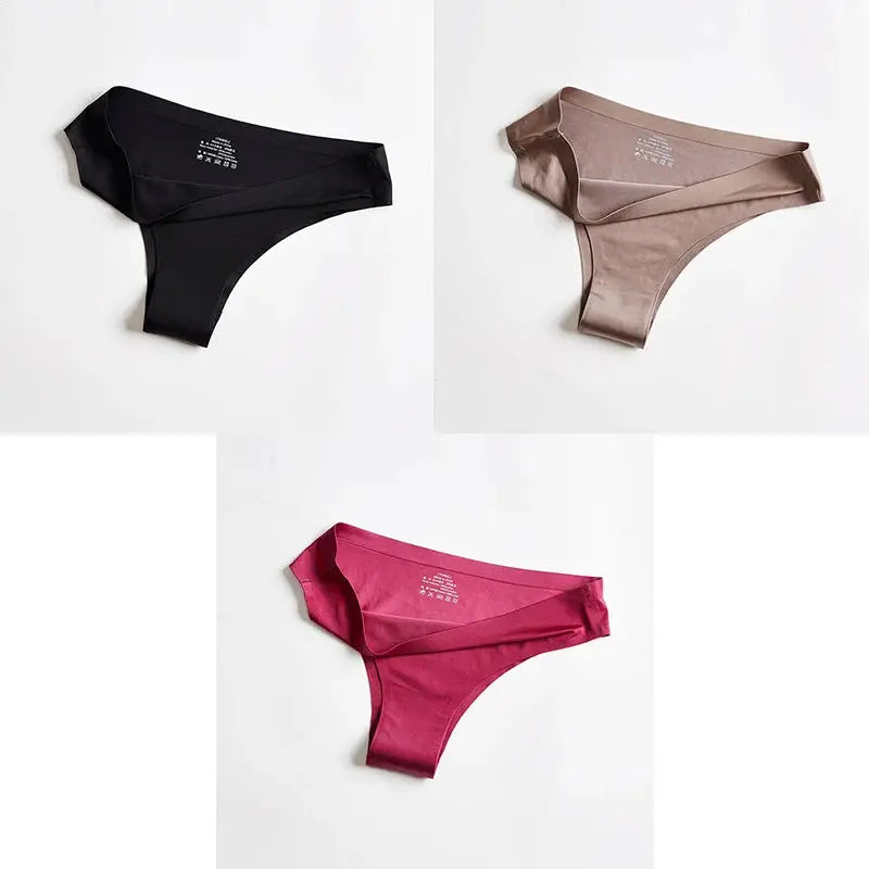 Women's seamless thong underwear set of 3 by Simples Market in black, taupe, and magenta Ice Silk.