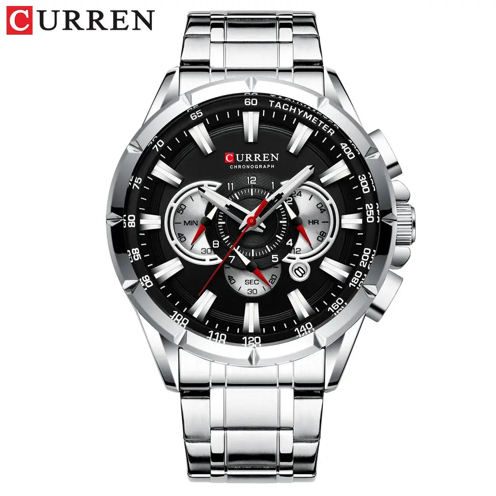 Curren men's chronograph stainless steel wristwatch with black dial and silver subdials