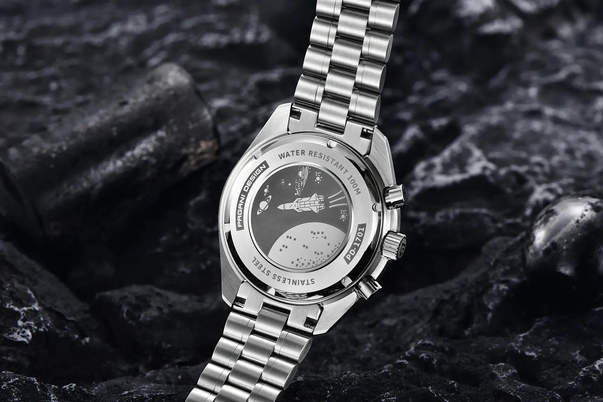 Pagani Design PD1701 men's stainless steel watch with engraved case back and 100m water resistance