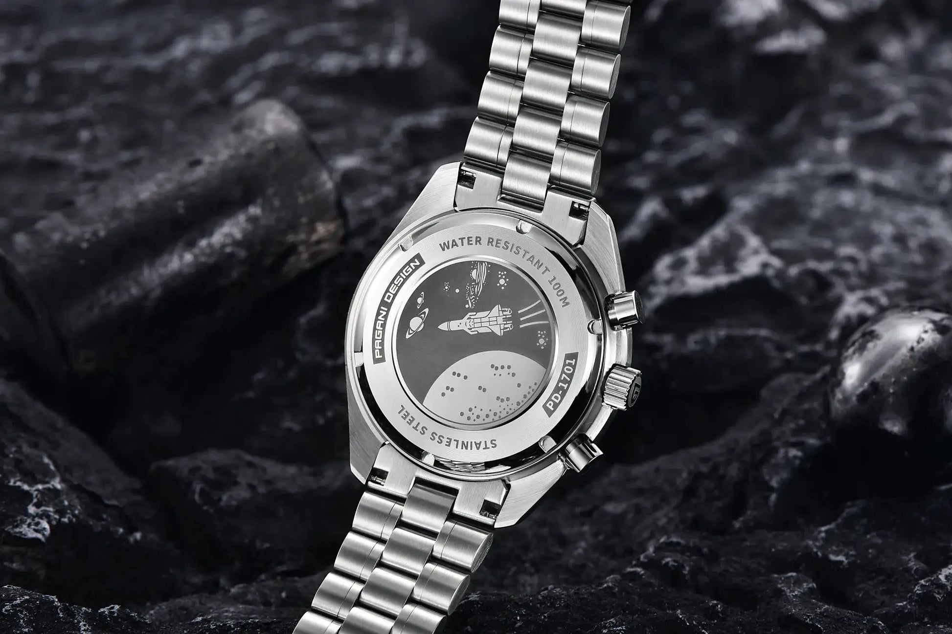 PAGANI DESIGN stainless steel men’s wristwatch with metal bracelet and 100m water resistance.