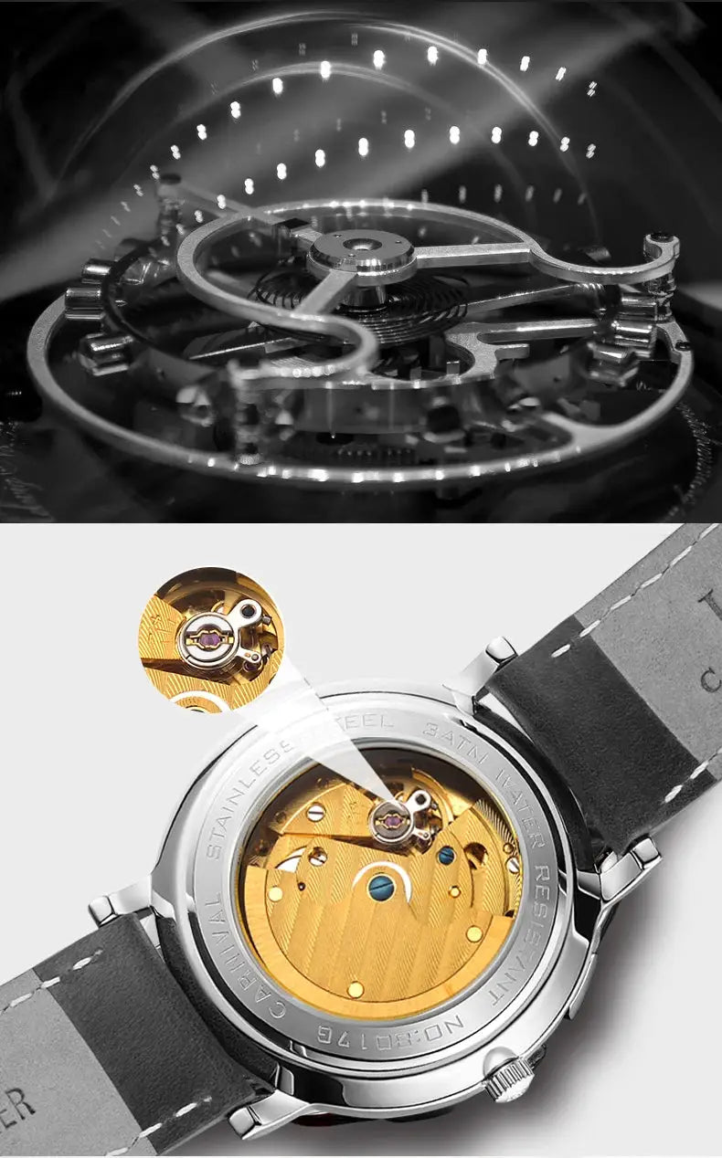 Carnival brand men's luxury automatic wristwatch with gold-tone movement, stainless steel case, gray leather strap