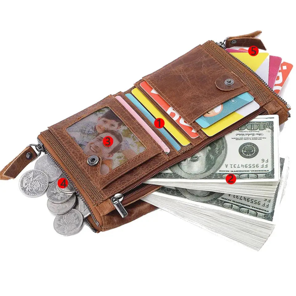 Brown genuine cowhide leather men's wallet with card slots, ID window, zippered coin pocket and cash compartment