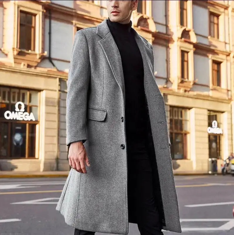 Simples Market men's grey wool coat, a long overcoat with notch lapels for streetwear outerwear