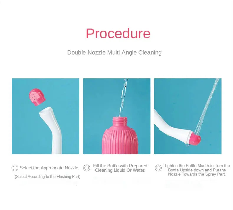 Portable bidet with pink nozzle and white curved handle; three-step cleaning diagram