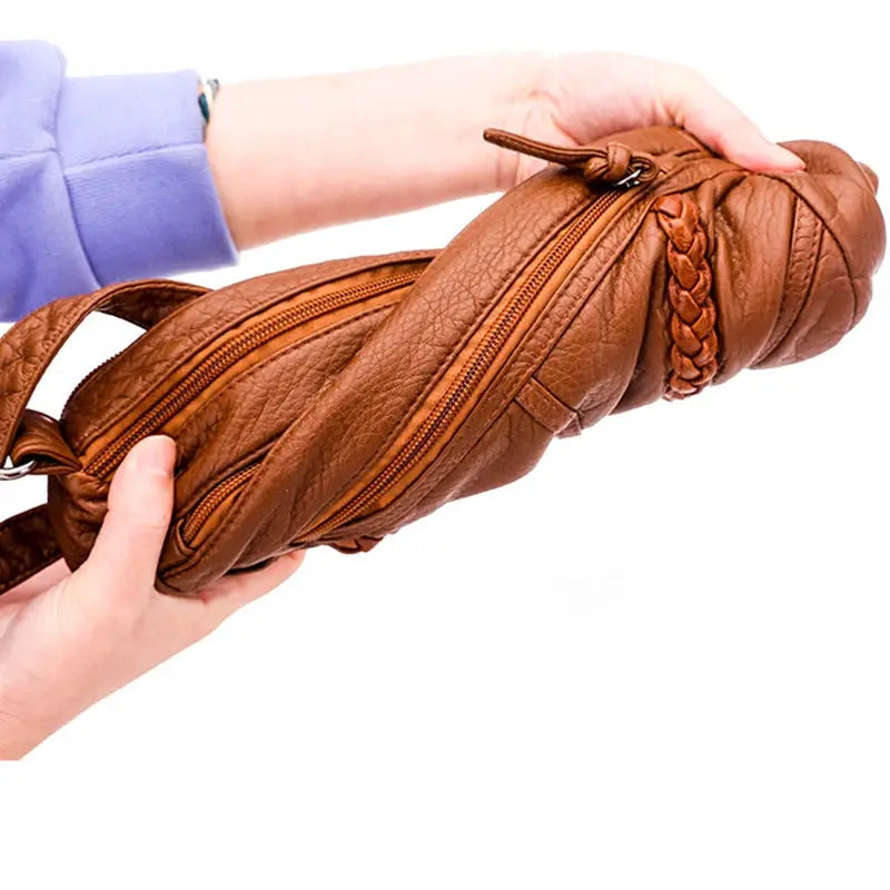 Simples Market brown PU leather women's messenger bag with braided strap