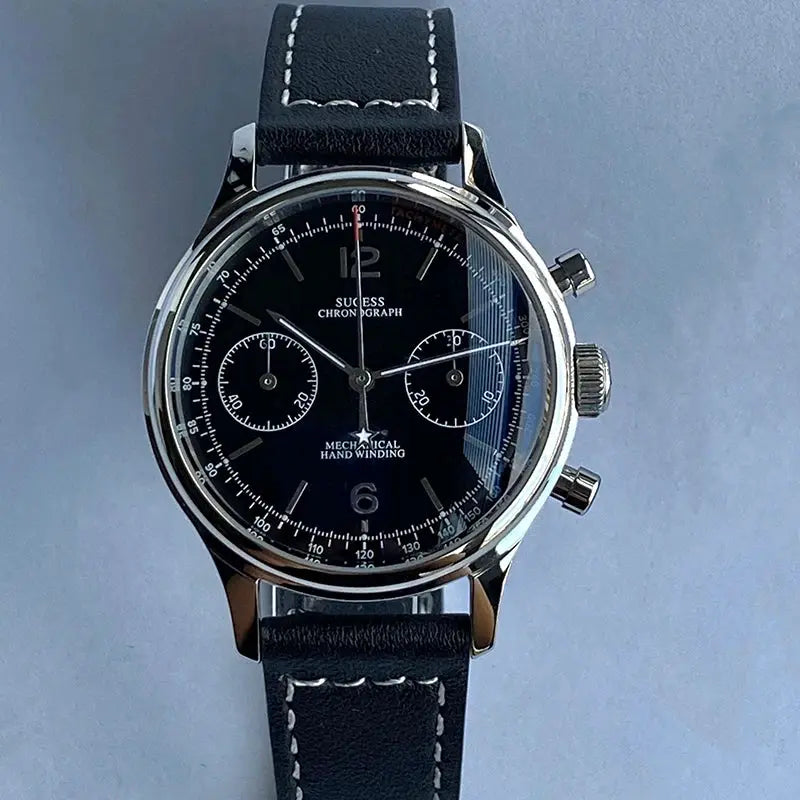 Sugess 1963 Pilot Chronograph Panda Dial wristwatch, black dial, stainless steel case, leather strap
