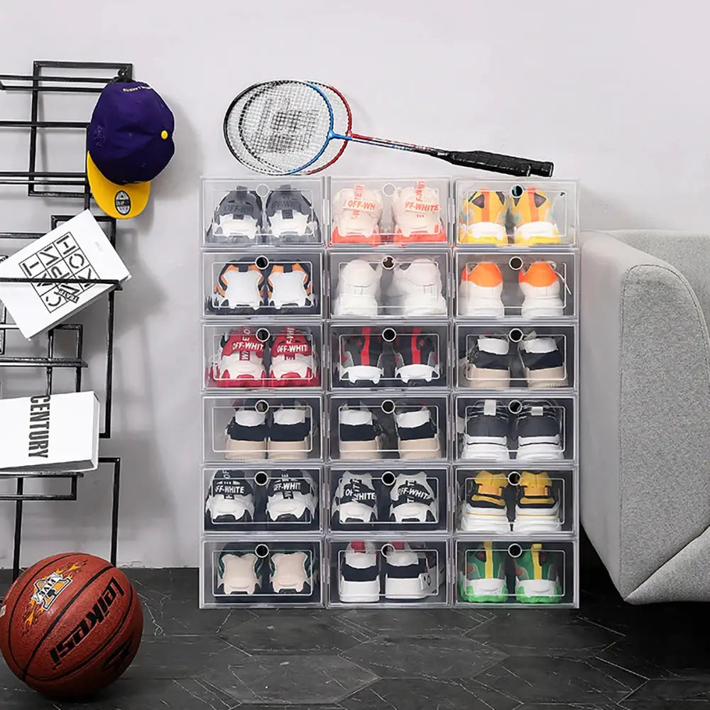 6 Pack Transparent Thickened Foldable Shoe Boxes Dustproof Stackable Storage Organizers For Shoes