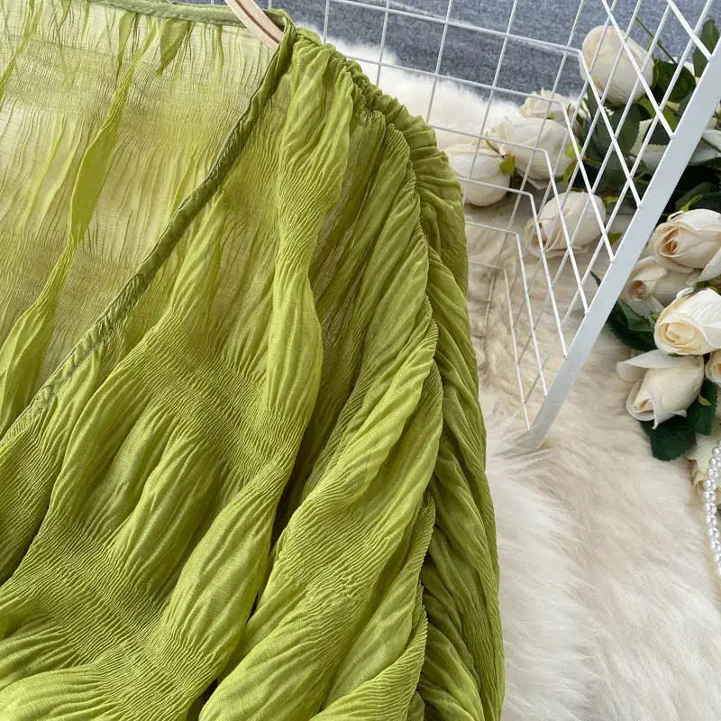 Draped chiffon blouse in lime green with puff long sleeves, women's top.