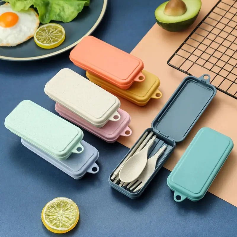 4Pcs Portable Tableware Set Wheat Straw Detachable Cutlery For Travel Picnic Camping Dinnerware Lightweight Durable