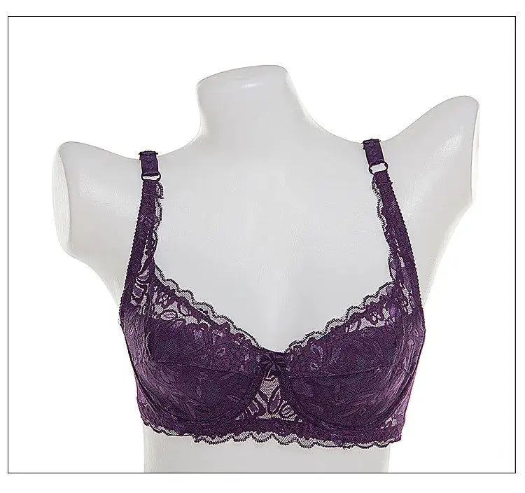 Women's purple lace underwire push-up bra with floral lace trim