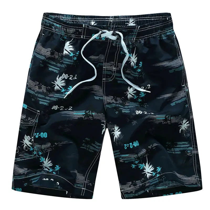 Men's Simples Market surf board shorts, navy black with teal palm tree print and white drawstring, plus-size 4XL–6XL.
