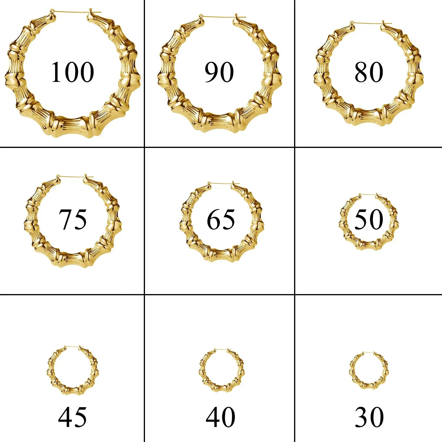 Gold bamboo hoop earrings; nine sizes shown from 30mm to 100mm.