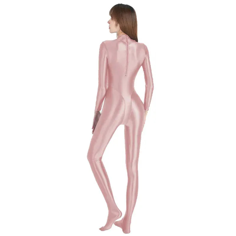 Pink shiny wetlook catsuit with back zipper, fullbody Zentai jumpsuit