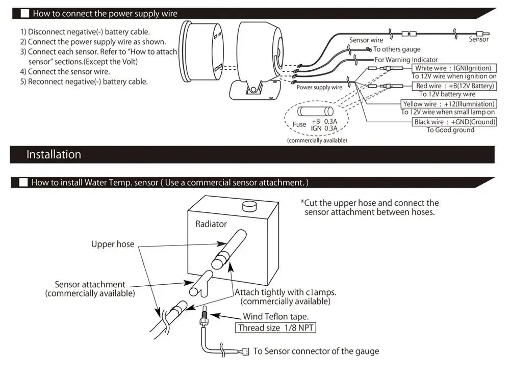 Simples Market universal 52mm 8-color racing gauge kit installation diagram showing power and sensor wiring.