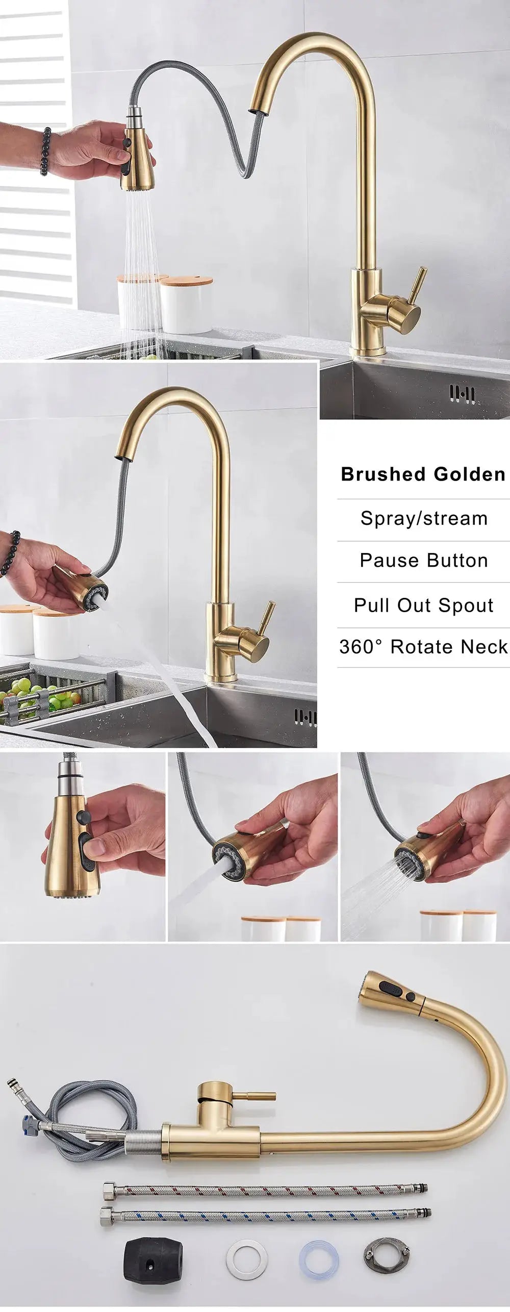 Brushed gold kitchen faucet with pull-out spray head and flexible hose by Simples Market
