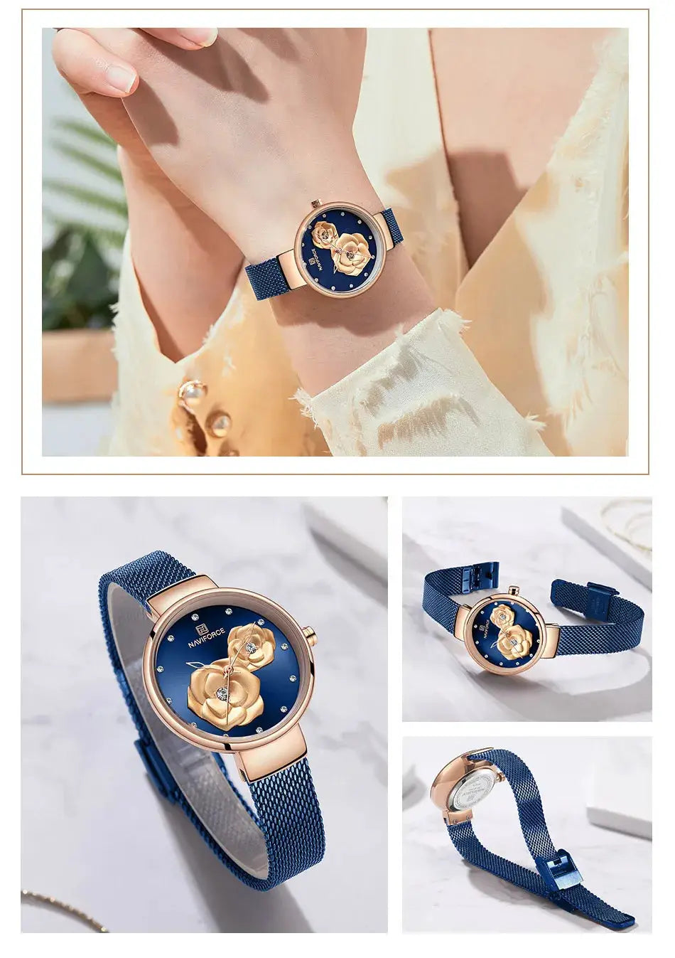 NAVIFORCE women's wristwatch with blue steel mesh strap, rose-gold case, dark blue dial featuring a gold floral motif.