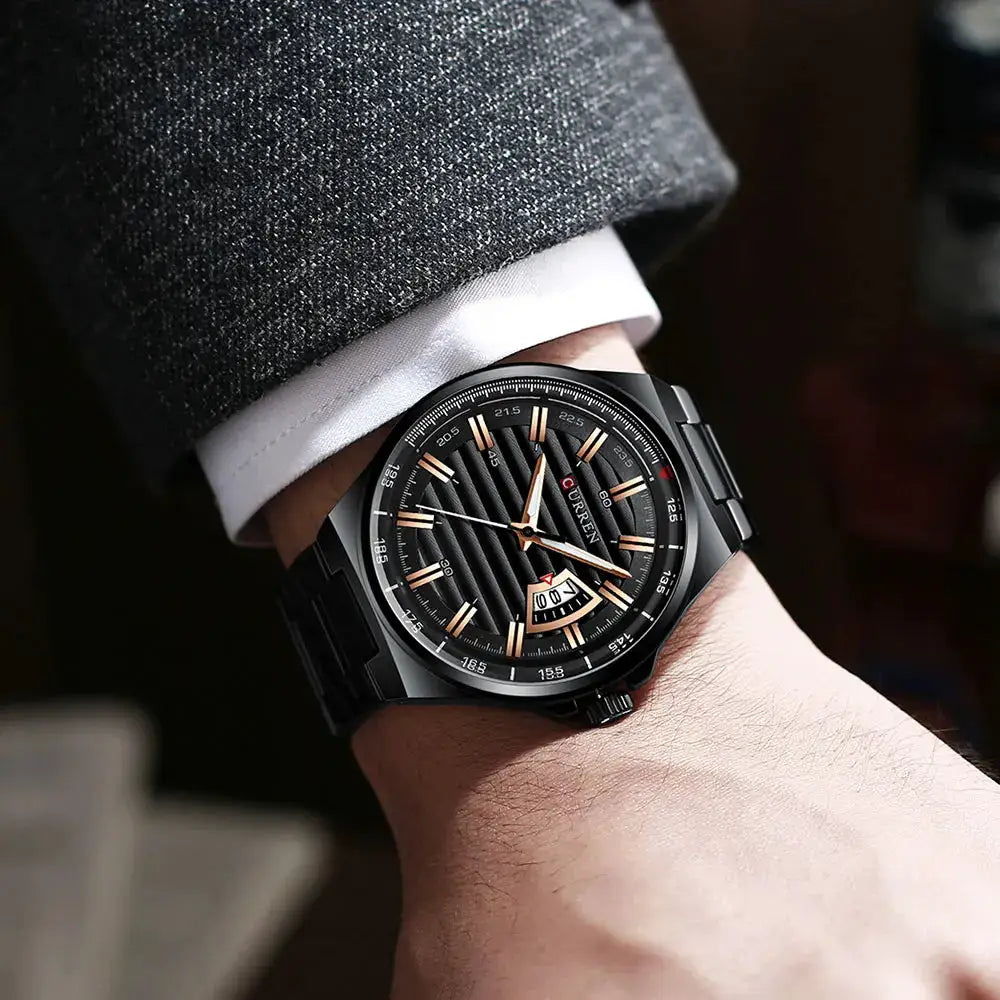CURREN men's luxury stainless steel wristwatch with black dial and rose gold hands, auto date