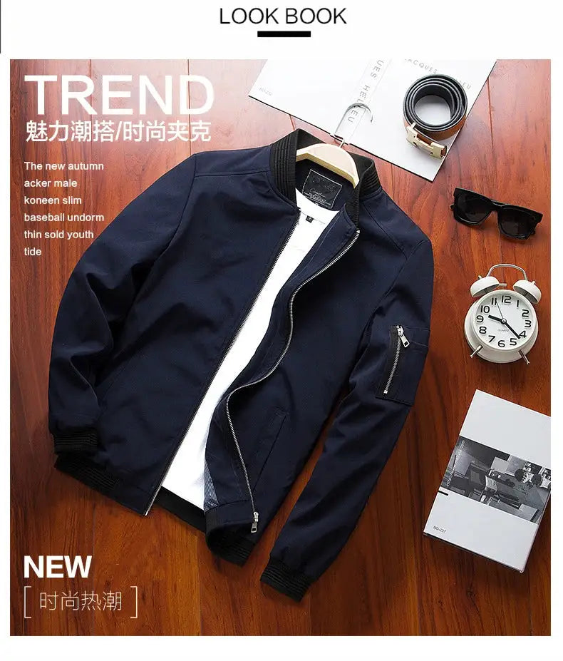 Men's navy long-sleeve bomber jacket with zip front, ribbed cuffs and collar, lightweight windbreaker by Simples Market