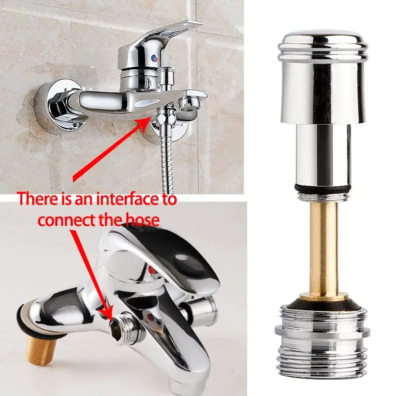Chrome shower faucet set with handheld hose and wall mount, plus brass valve-stem diverter component