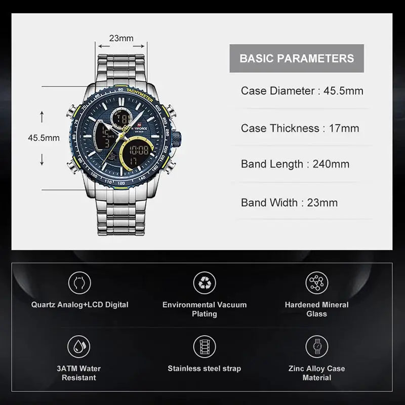 NAVIFORCE men's chronograph wristwatch with blue dial and stainless steel band, tachymeter bezel