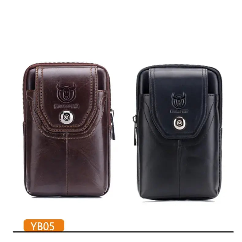 2 BullCaptain men's leather belt waist packs in brown and black with front flap and logo