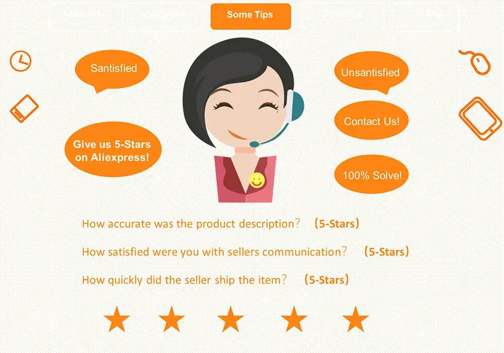 Customer service illustration with headset agent, orange tip bubbles, and five-star rating for Simples Market
