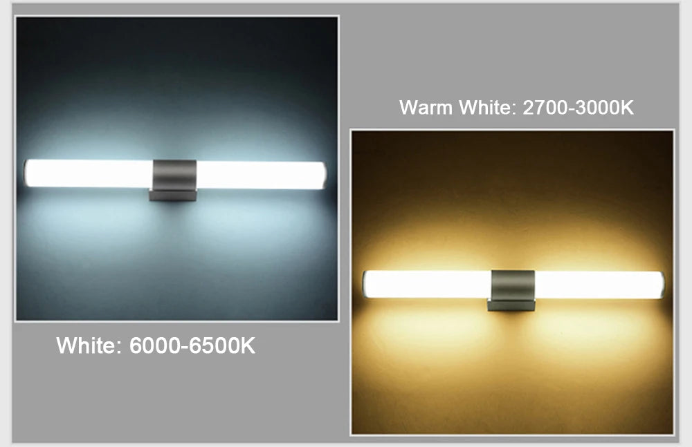Bathroom LED wall lamp tube with metal bracket; cool white 6000–6500K and warm white 2700–3000K.