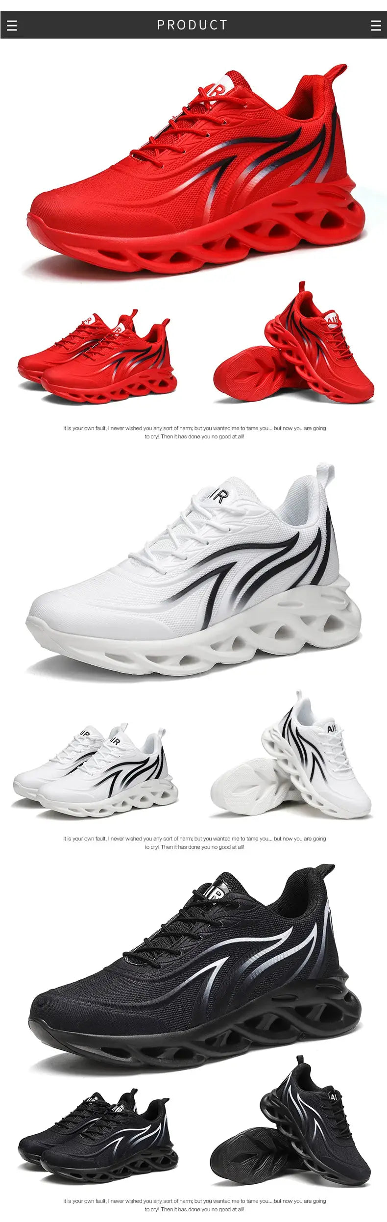 Red men's mesh running shoes with sculpted sole; three colorways shown (red, white, black).