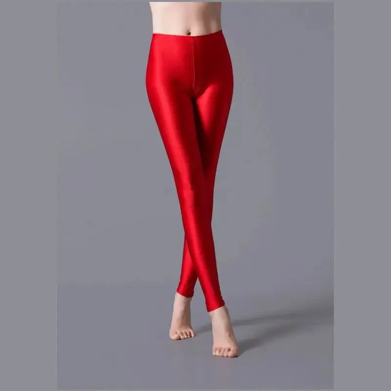 Women shiny red leggings by Simples Market, fluorescent stretch spandex casual pants