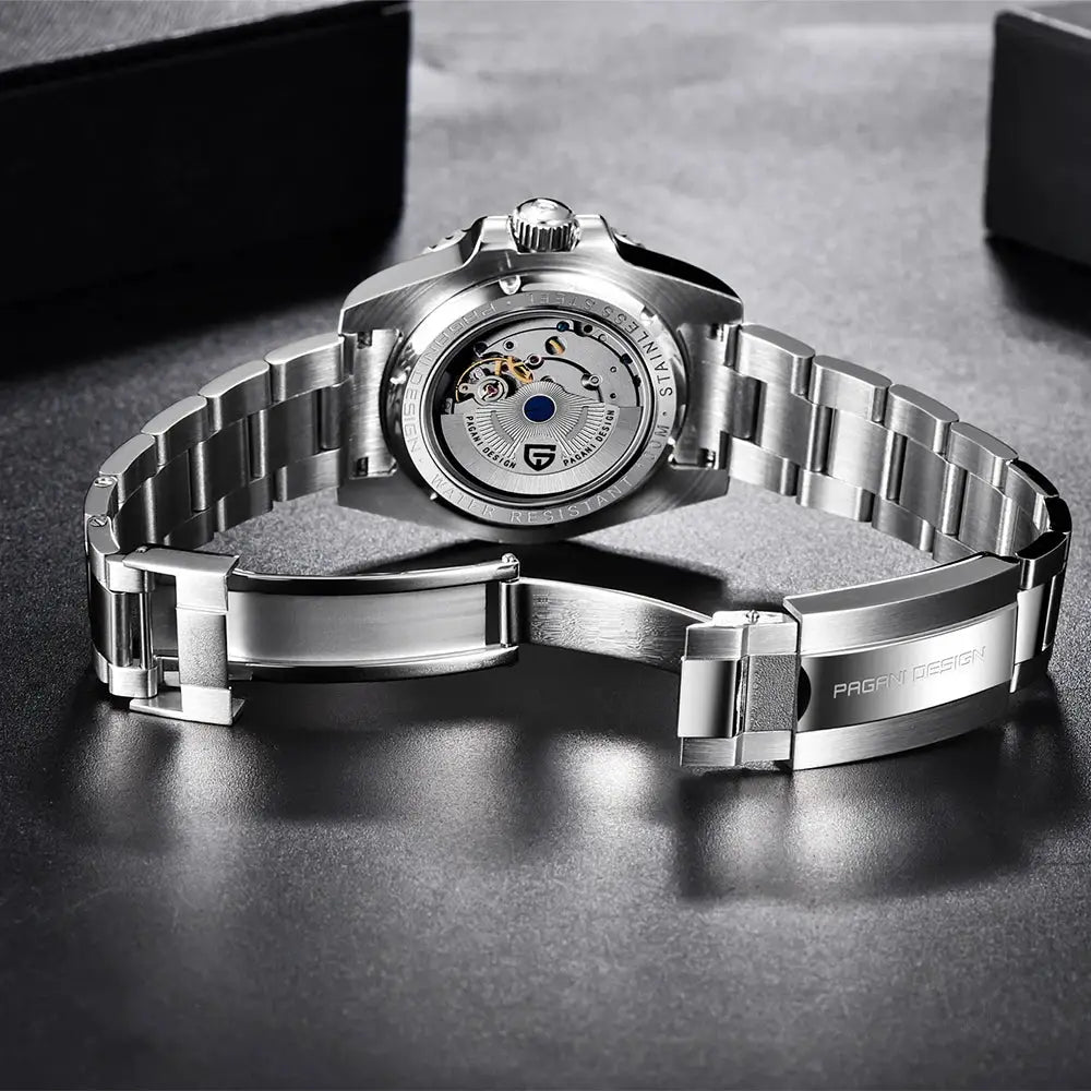 Pagani Design men's stainless steel GMT mechanical watch with sapphire glass and see-through caseback